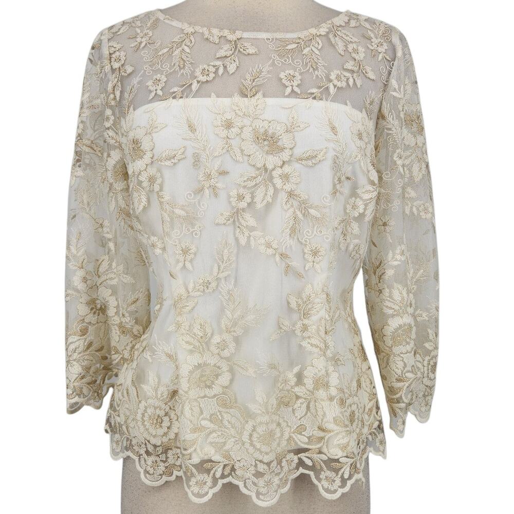 Vintage Alex Evenings White Gold Floral Embroidered Sheer Overlay Top Small